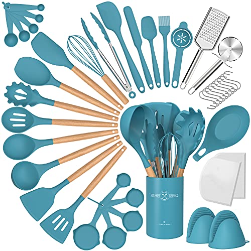 Silicone Cooking Utensils Set 43Pcs NonStick Heat Resistant Kitchen Utensils Spatula Set with Wooden Handle for Baking Cooking and Mixing Best Kitchen Gadgets Tools with Holder Dark Blue