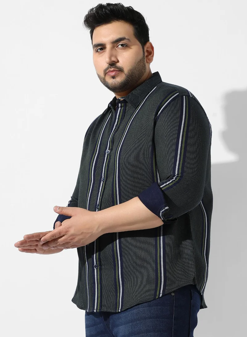 Instafab Plus Men's Emerald Green Striped Regular Fit Casual Shirt
