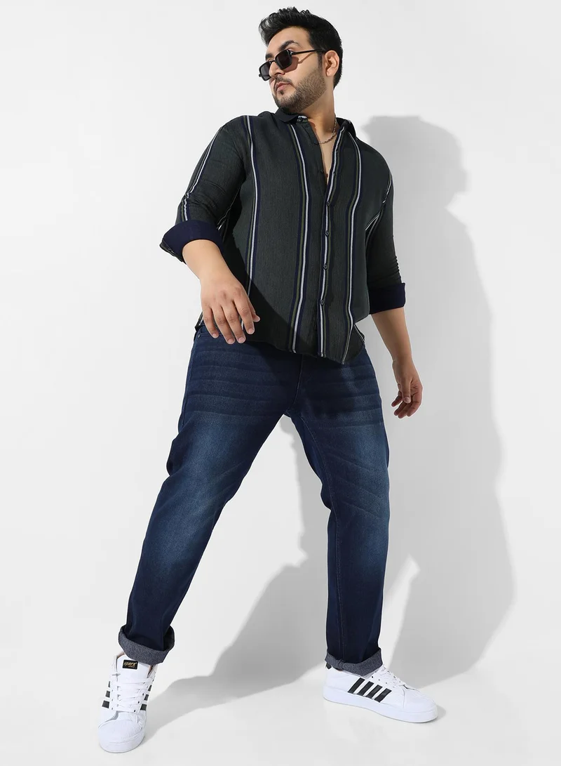 Instafab Plus Men's Emerald Green Striped Regular Fit Casual Shirt