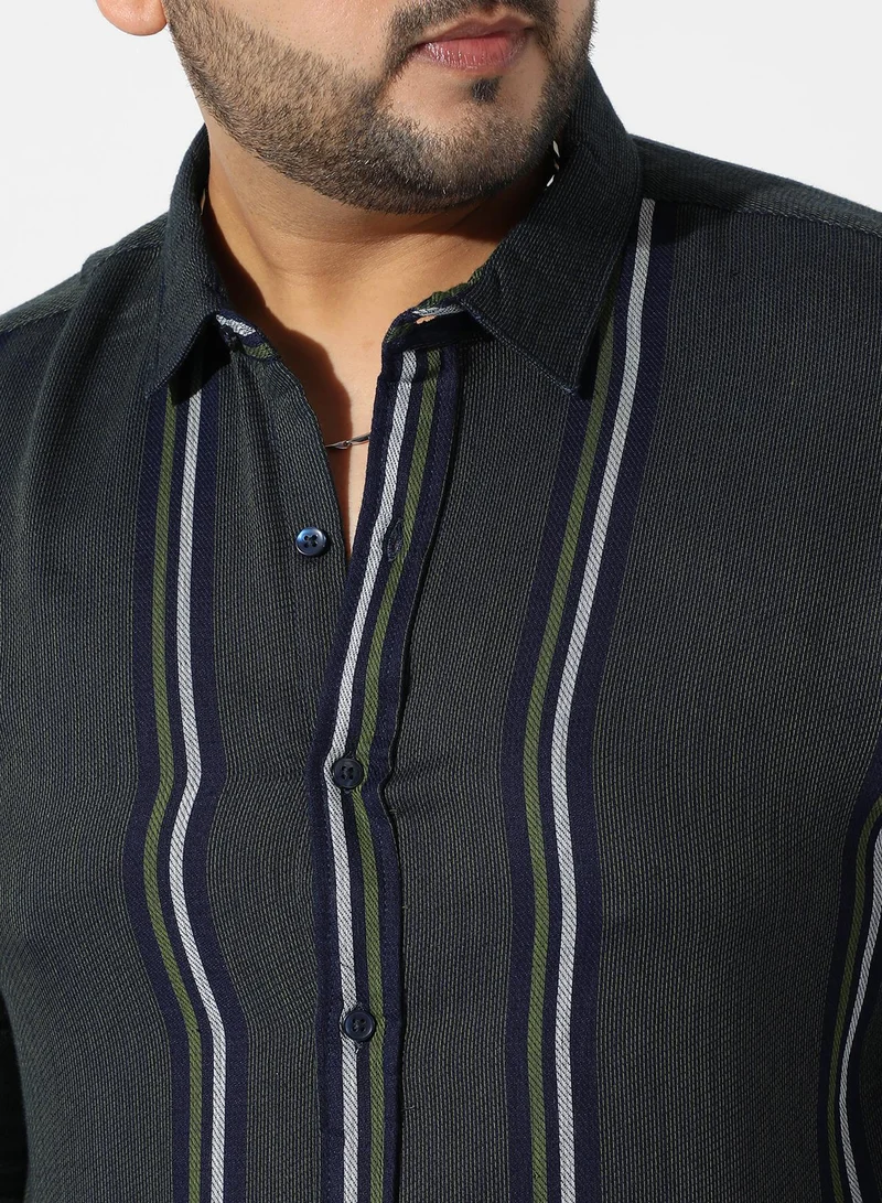 Instafab Plus Men's Emerald Green Striped Regular Fit Casual Shirt