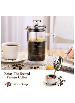 MIBRU Coffee Tea Cafetiere French Press 350ml 3 Cups Double Walled Heat Resistant Press Maker Filter Stainless Steel Glass handle  - Image 3