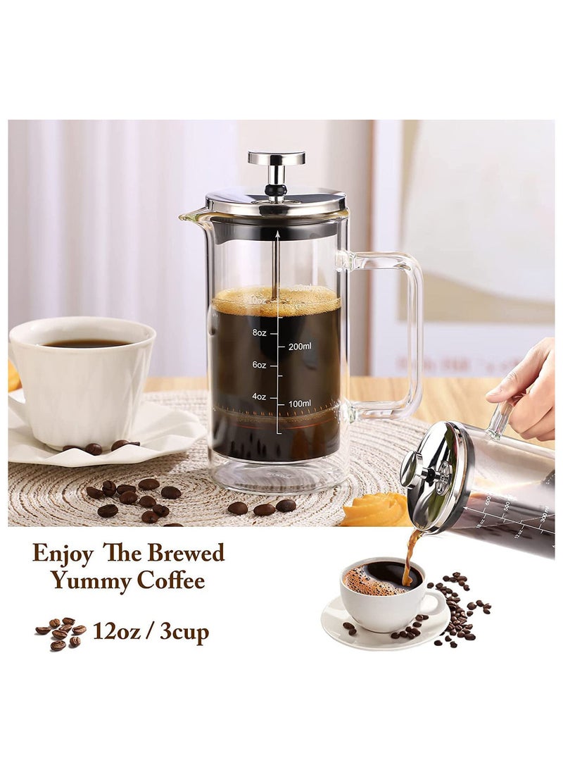 MIBRU Coffee Tea Cafetiere French Press 350ml 3 Cups Double Walled Heat Resistant Press Maker Filter Stainless Steel Glass handle  - Image 3