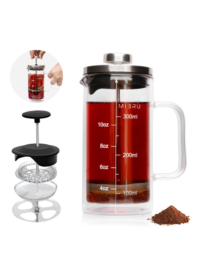 MIBRU Coffee Tea Cafetiere French Press 350ml 3 Cups Double Walled Heat Resistant Press Maker Filter Stainless Steel Glass handle  - Image 1