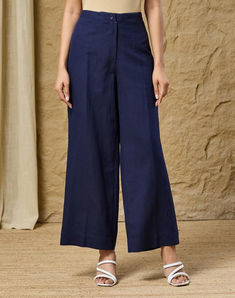 Fabindia Blue Cotton Linen Breeze Casual Wide Leg Pant