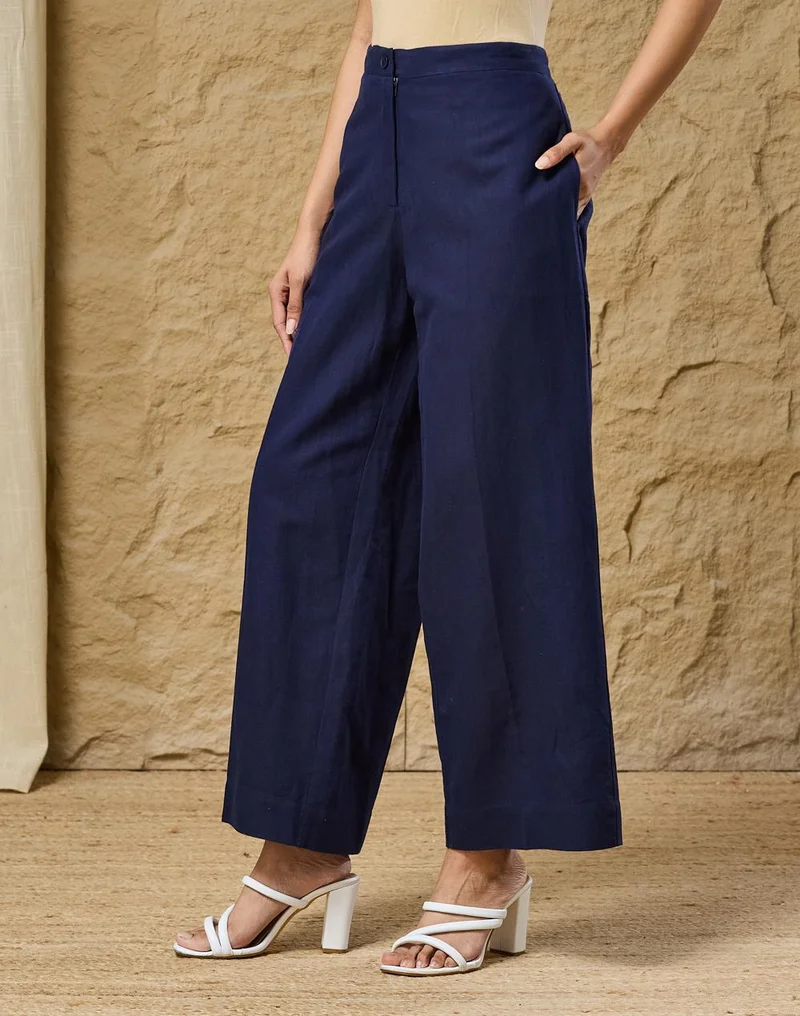 Fabindia Blue Cotton Linen Breeze Casual Wide Leg Pant