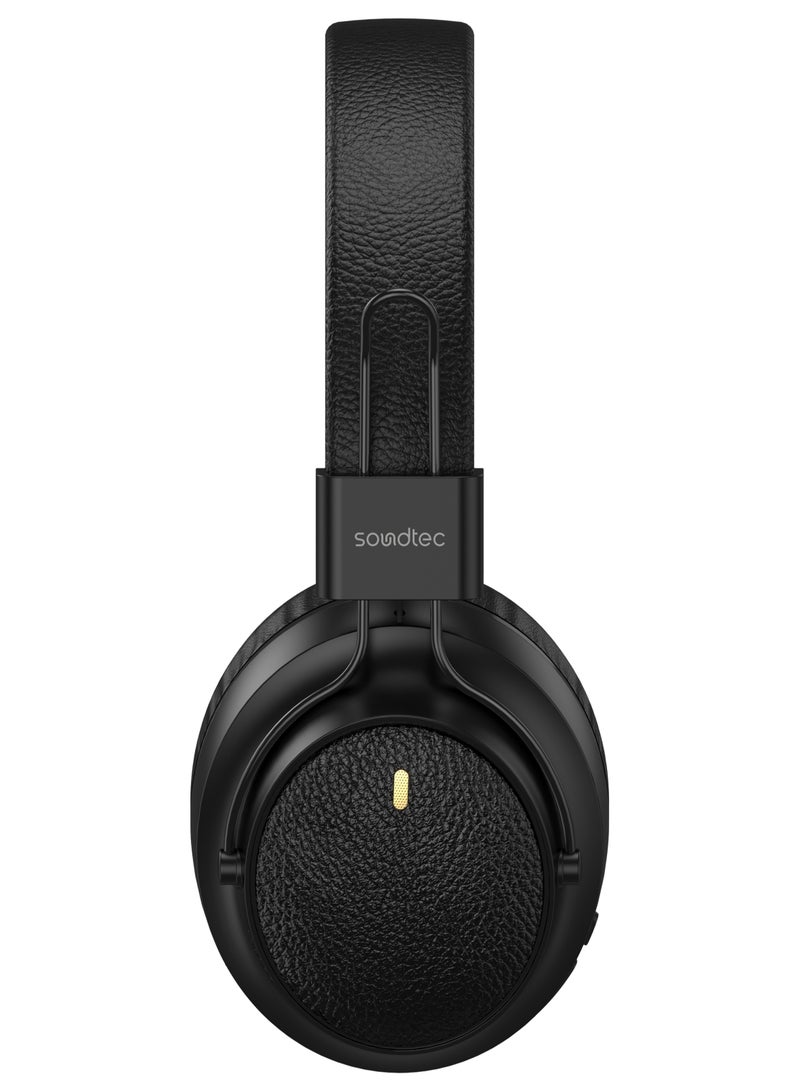 SOUNDTEC Wireless Stereo Headphone Leather Finish with 20H Play Time & Type-C Charging /  Leather Comfort / 40mm Powerful Driver / Foldable Portability / Immersive Audio - Black - Image 2