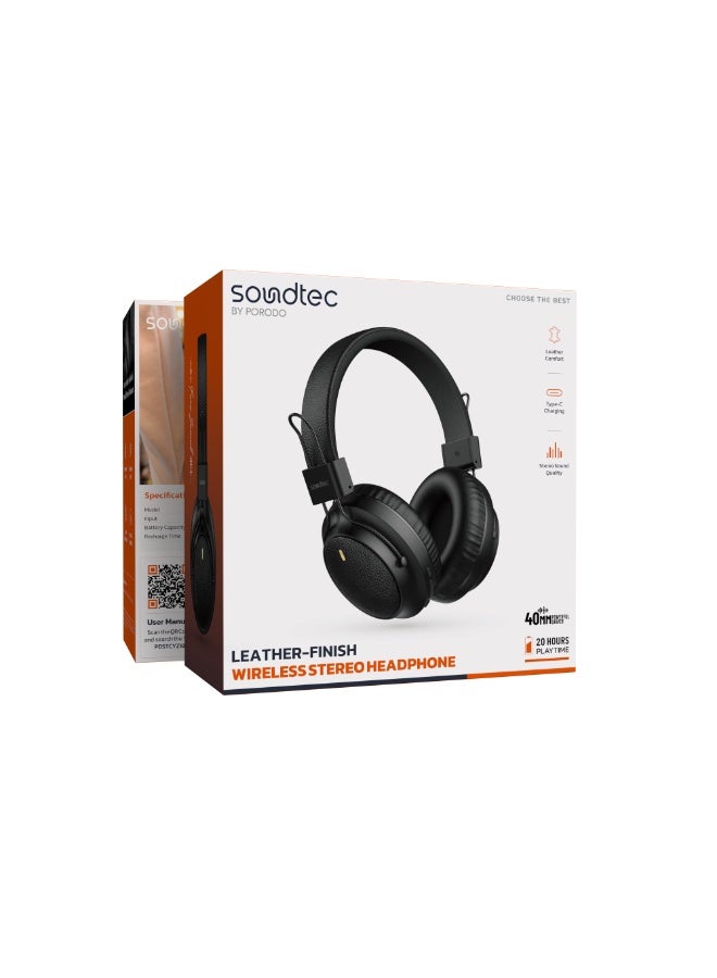 SOUNDTEC Wireless Stereo Headphone Leather Finish with 20H Play Time & Type-C Charging /  Leather Comfort / 40mm Powerful Driver / Foldable Portability / Immersive Audio - Black - Image 4
