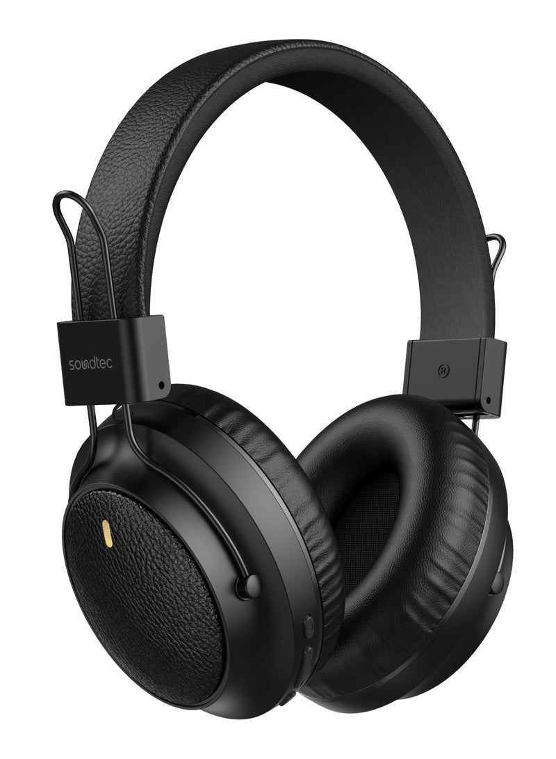 SOUNDTEC Wireless Stereo Headphone Leather Finish with 20H Play Time & Type-C Charging /  Leather Comfort / 40mm Powerful Driver / Foldable Portability / Immersive Audio - Black - Image 1