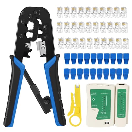 FEDUS RJ45 Crimping Tool Kit, Crimping Tool rj45 Crimping machine for Cat6A Cat5E Cat5 RJ45 Ethernet tool kit, 50PCS rj45 Connector, Network lan Tester, 50PCS Boot Covers, Cut and Strip Tool - Image 1