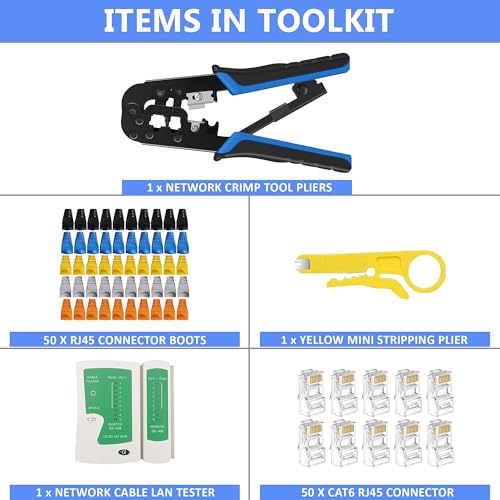 FEDUS RJ45 Crimping Tool Kit, Crimping Tool rj45 Crimping machine for Cat6A Cat5E Cat5 RJ45 Ethernet tool kit, 50PCS rj45 Connector, Network lan Tester, 50PCS Boot Covers, Cut and Strip Tool - Image 2