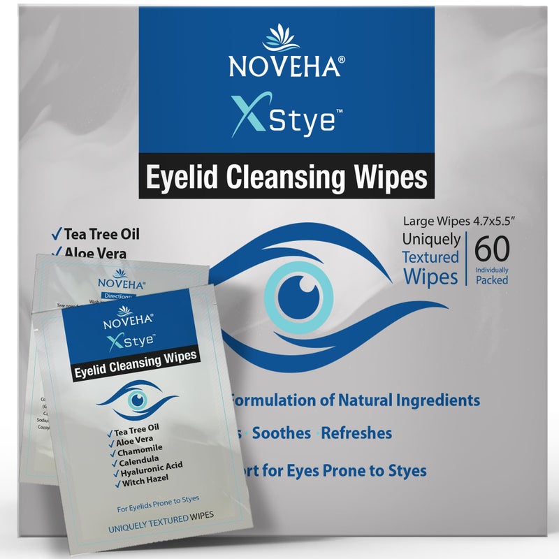 NOVEHA 60Pcs Stye Relief Eyelid & Lash Wipes with Tea Tree Oil, Hyaluronic Acid, Aloe Vera, Chamomile & Green Tea; Gently Soothes, Hydrates & Refreshes for Dry, Itch & Blepharitis; Hypoallergenic - Image 1