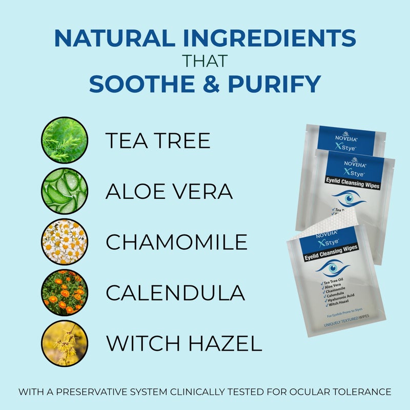 NOVEHA 60Pcs Stye Relief Eyelid & Lash Wipes with Tea Tree Oil, Hyaluronic Acid, Aloe Vera, Chamomile & Green Tea; Gently Soothes, Hydrates & Refreshes for Dry, Itch & Blepharitis; Hypoallergenic - Image 2