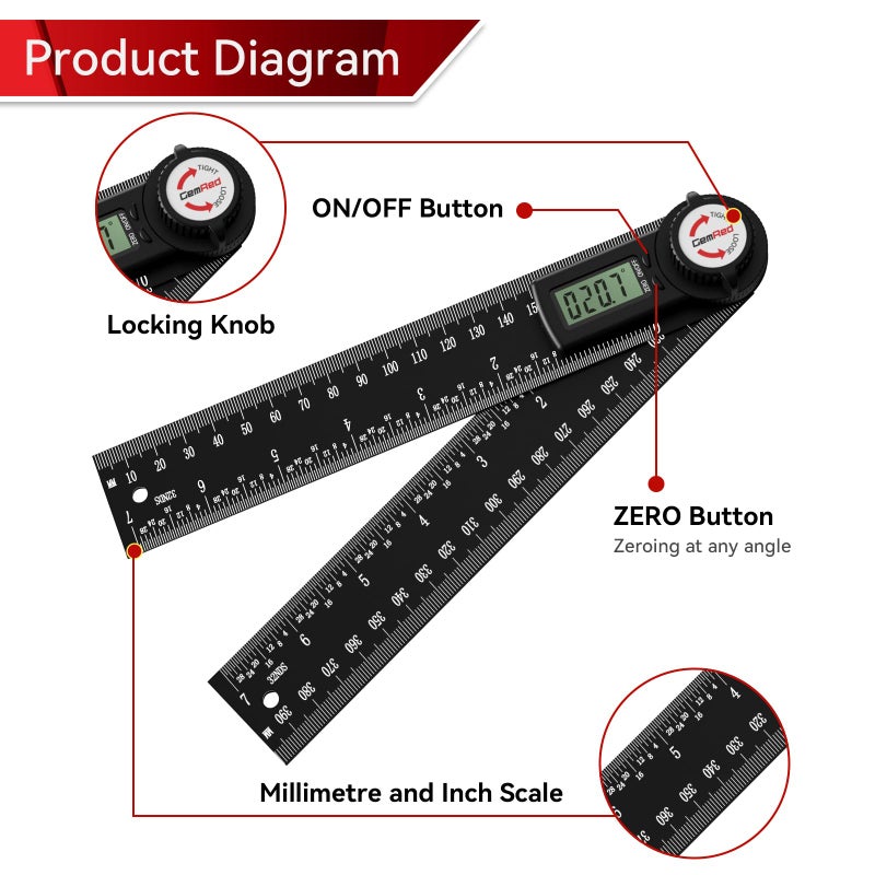 GemRed 82305 Aluminum Digital Angle Finder Protractor - Image 2