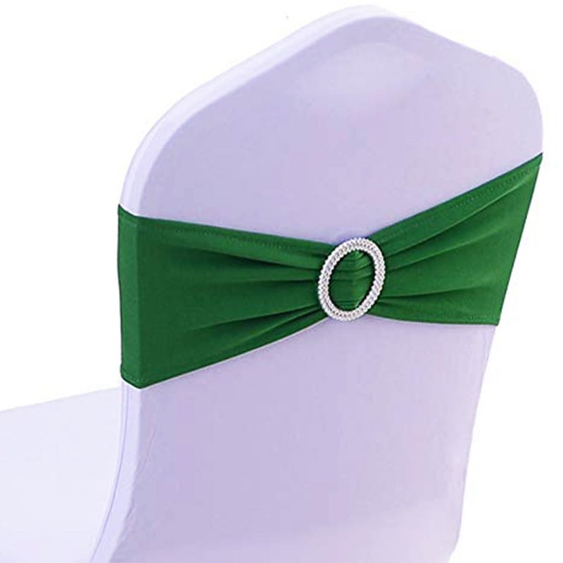 SINSSOWL 100 Pack Spandex Dark Green Chair Sashes for Wedding Stretch Chairs Bows Bands with Buckle for Party Birthday Banquets Engagement Christmas Events Decorations (Dark Green) - Image 1