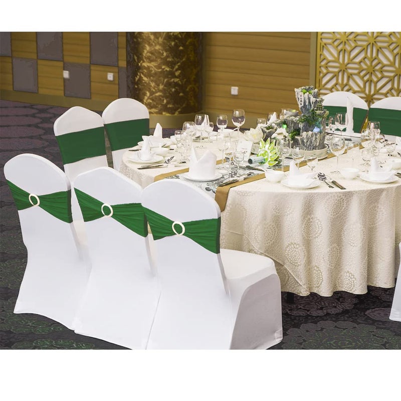SINSSOWL 100 Pack Spandex Dark Green Chair Sashes for Wedding Stretch Chairs Bows Bands with Buckle for Party Birthday Banquets Engagement Christmas Events Decorations (Dark Green) - Image 2