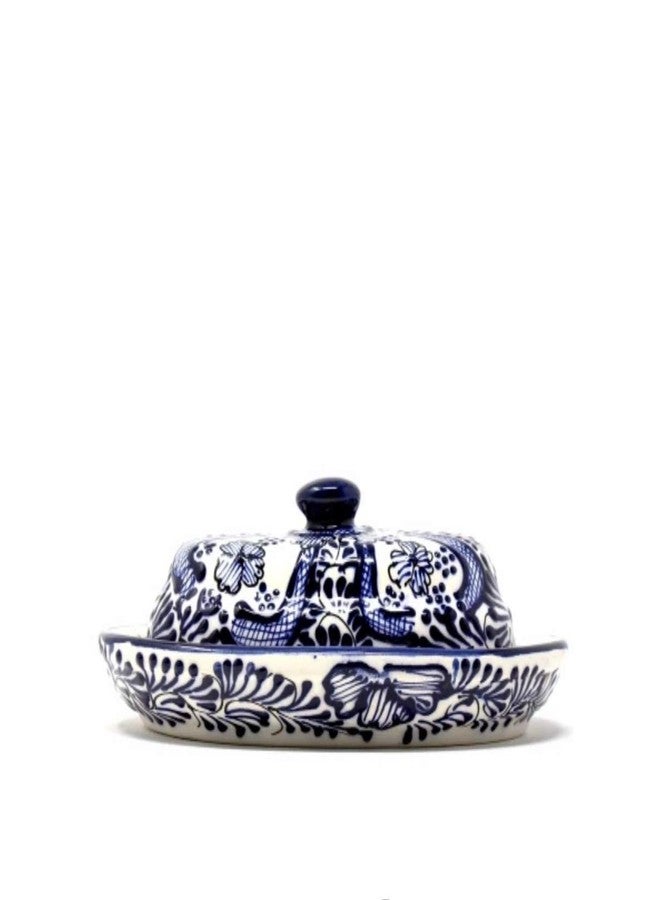 Global Crafts Encantada Handmade Hand-Painted Authentic Mexican Pottery, Butter Dish with Lid, Cobalt Flower (MC129F) - Image 5