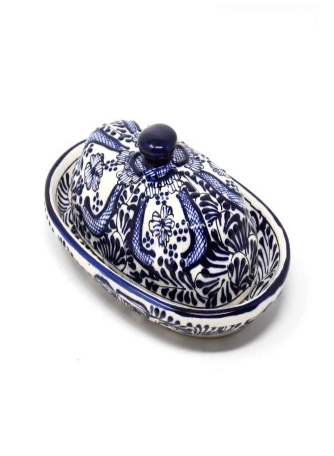 Global Crafts Encantada Handmade Hand-Painted Authentic Mexican Pottery, Butter Dish with Lid, Cobalt Flower (MC129F) - Image 1