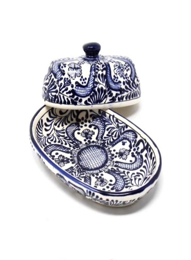 Global Crafts Encantada Handmade Hand-Painted Authentic Mexican Pottery, Butter Dish with Lid, Cobalt Flower (MC129F) - Image 4