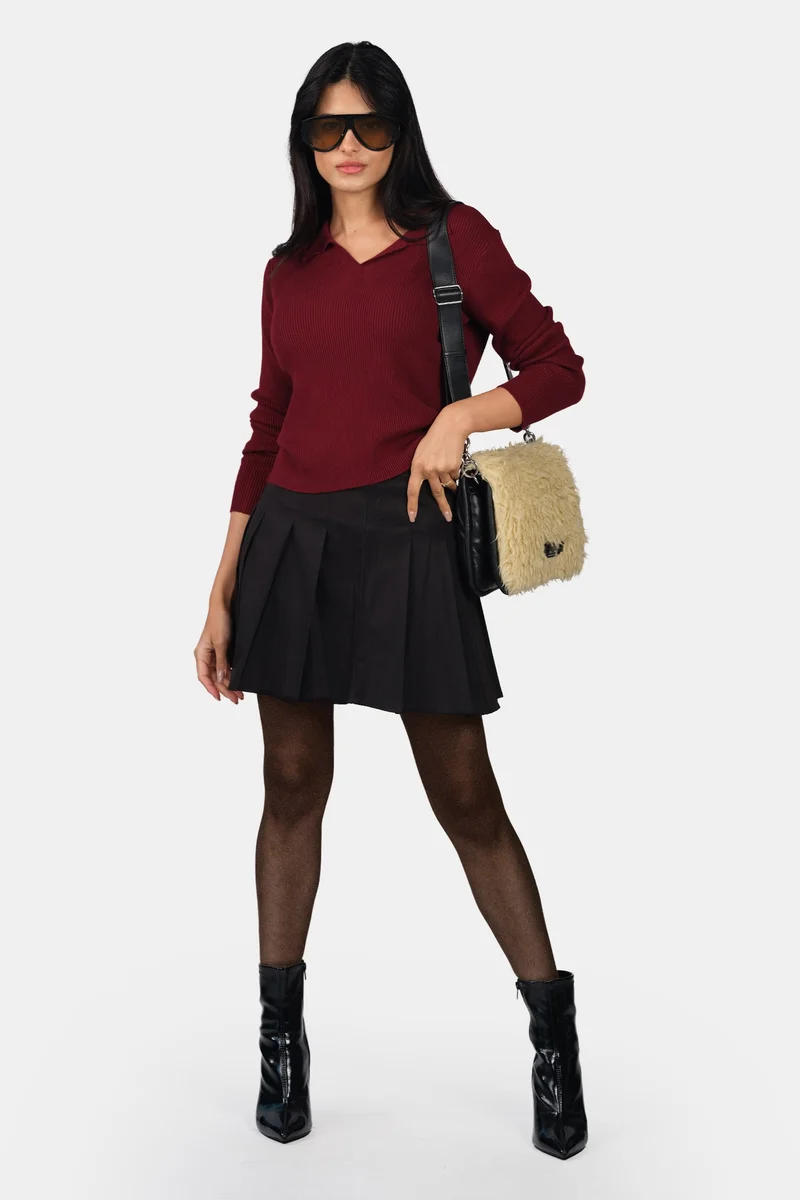 Self Design Viscose Johnny Collar Full Sleeve Knit Top for Women
