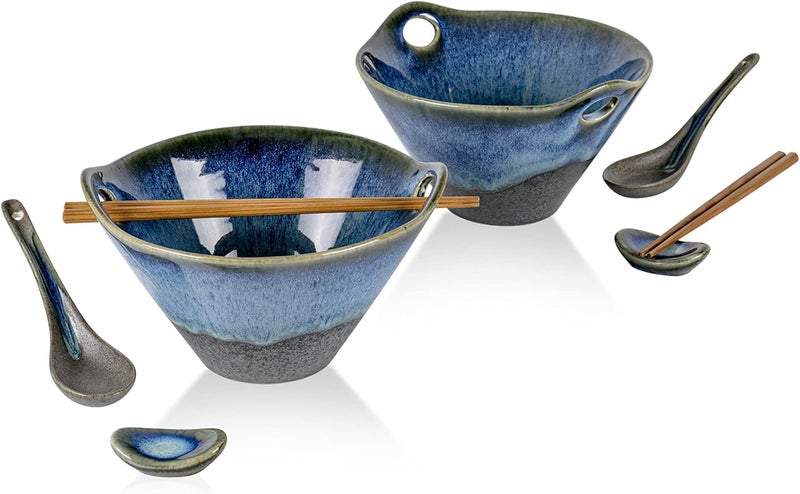 UNICASA Japanese Ramen Bowl Set with Chopsticks Spoons and Rests 26oz Deep Porcelain Noodle Bowl Set of 2 for Udon Pho Salad Soup Volcano Blue - Image 1
