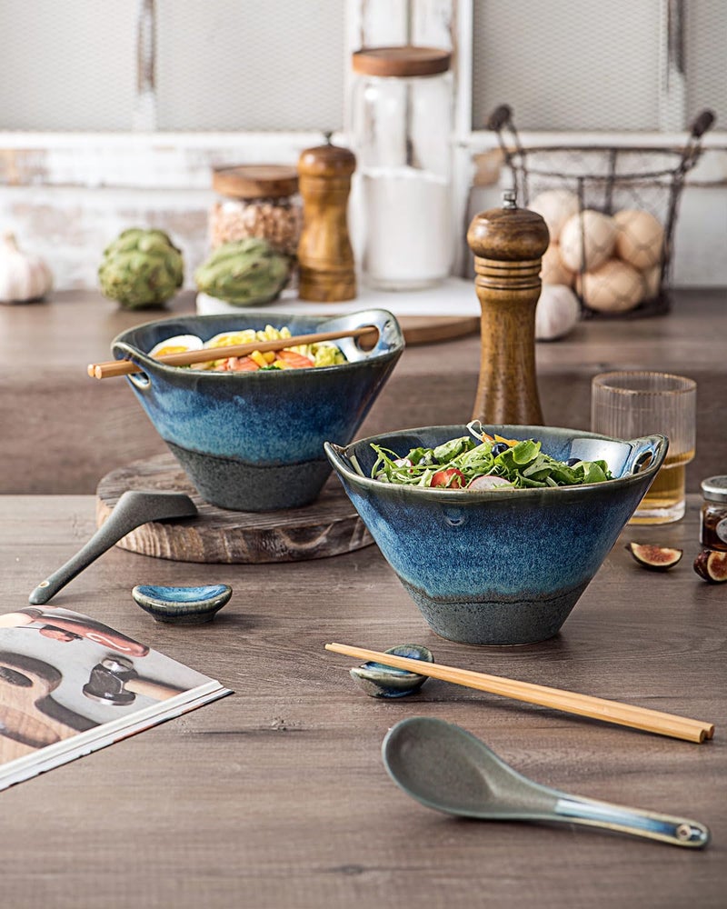 UNICASA Japanese Ramen Bowl Set with Chopsticks Spoons and Rests 26oz Deep Porcelain Noodle Bowl Set of 2 for Udon Pho Salad Soup Volcano Blue - Image 3