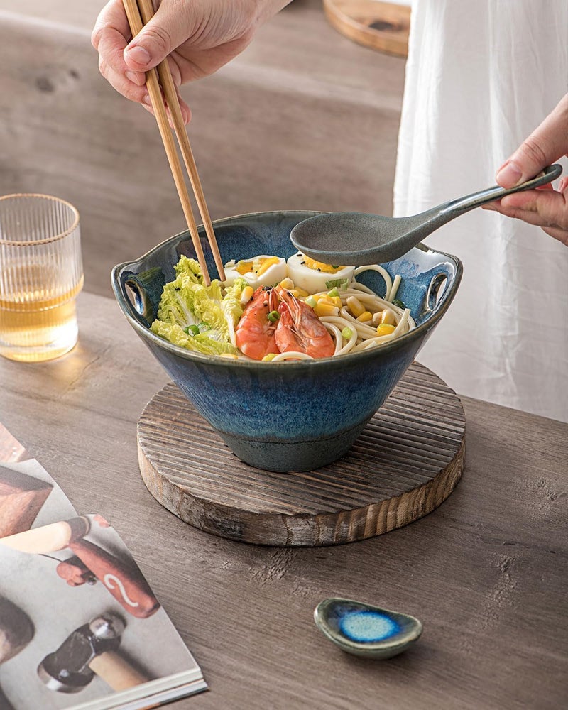 UNICASA Japanese Ramen Bowl Set with Chopsticks Spoons and Rests 26oz Deep Porcelain Noodle Bowl Set of 2 for Udon Pho Salad Soup Volcano Blue - Image 4