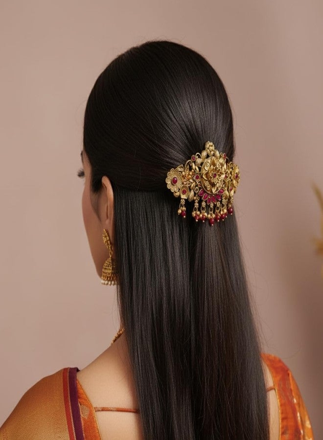 JWELLA Gold-Plated Antique Hair Clip with Pink & Green Stones & Drops Bridal & Festive Accessory (Design 4) - Image 4