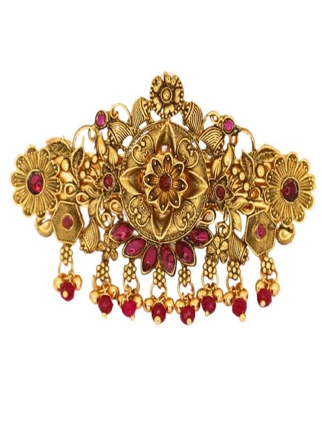 JWELLA Gold-Plated Antique Hair Clip with Pink & Green Stones & Drops Bridal & Festive Accessory (Design 4) - Image 2