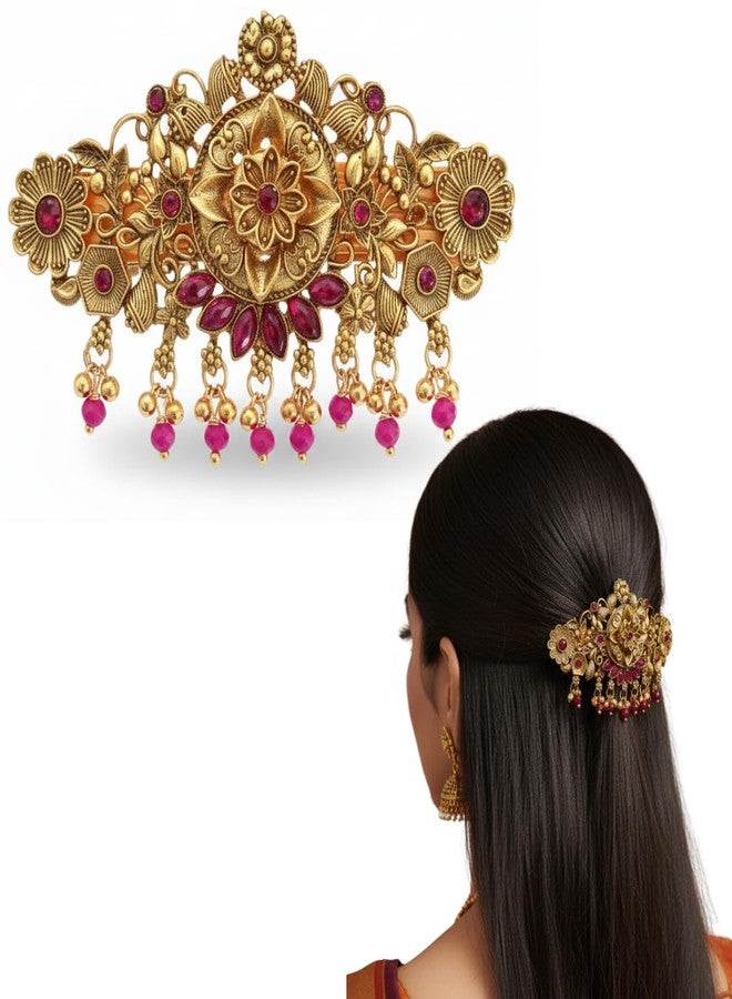 JWELLA Gold-Plated Antique Hair Clip with Pink & Green Stones & Drops Bridal & Festive Accessory (Design 4) - Image 1