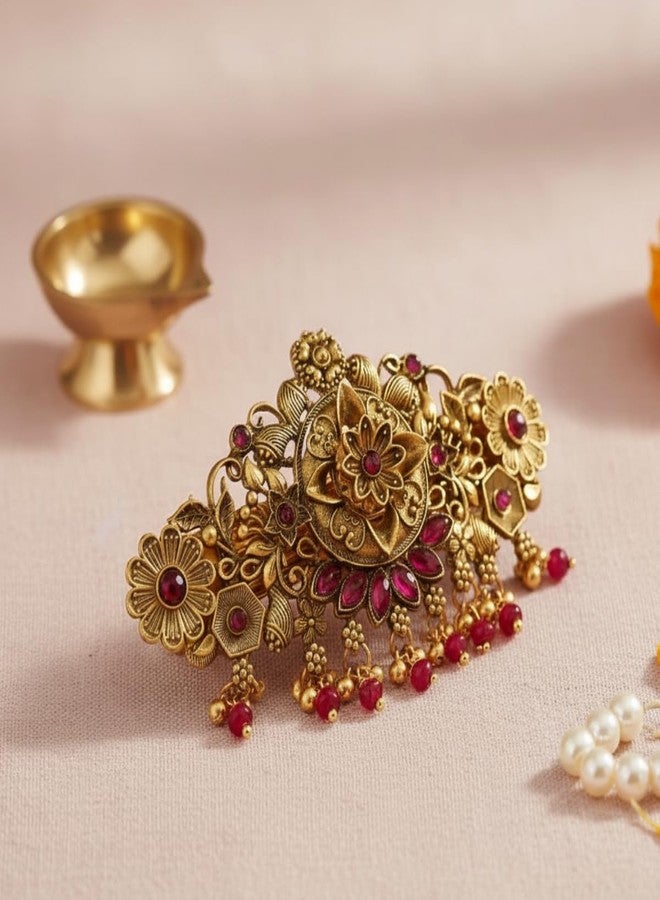 JWELLA Gold-Plated Antique Hair Clip with Pink & Green Stones & Drops Bridal & Festive Accessory (Design 4) - Image 3