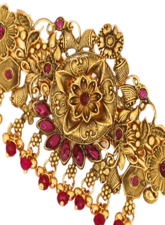 JWELLA Gold-Plated Antique Hair Clip with Pink & Green Stones & Drops Bridal & Festive Accessory (Design 4) - Image 5