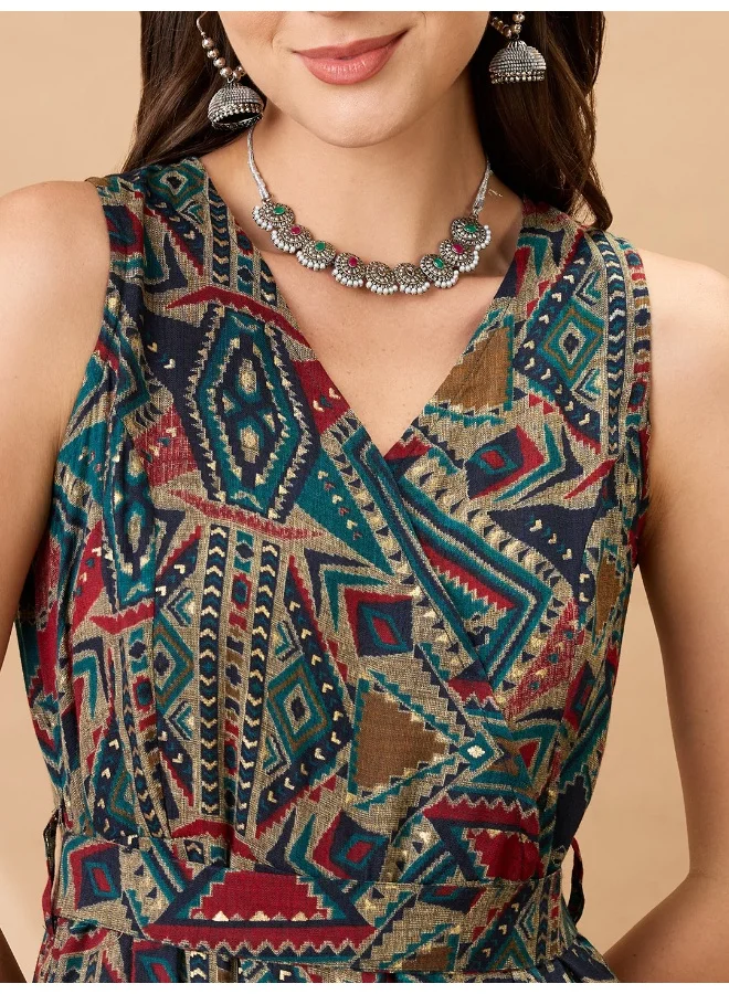 جلو باص Women Navy Blue Wrap V-Neck Sleeveless Tribal Print Flared Wide Leg Fusion Jumpsuit with Belt