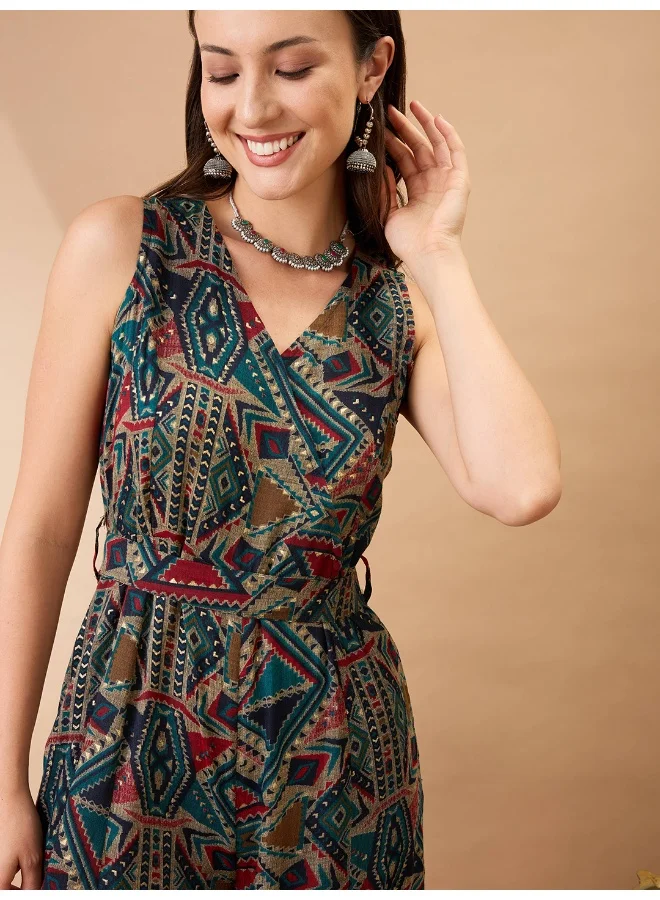 جلو باص Women Navy Blue Wrap V-Neck Sleeveless Tribal Print Flared Wide Leg Fusion Jumpsuit with Belt