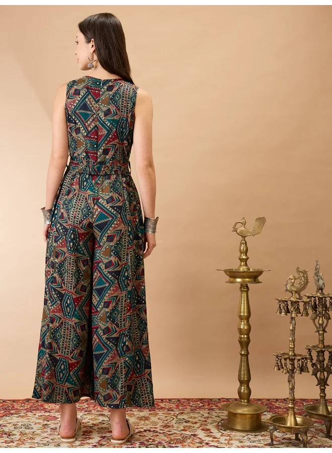 جلو باص Women Navy Blue Wrap V-Neck Sleeveless Tribal Print Flared Wide Leg Fusion Jumpsuit with Belt