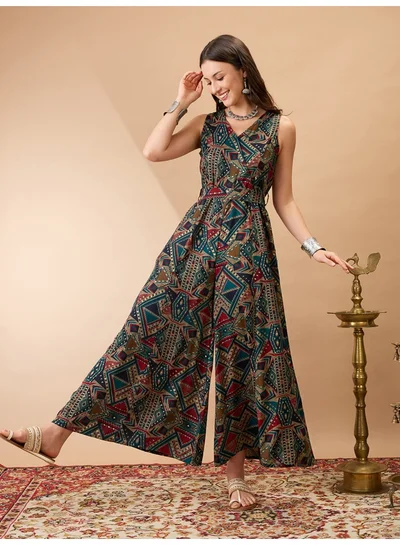 جلو باص Women Navy Blue Wrap V-Neck Sleeveless Tribal Print Flared Wide Leg Fusion Jumpsuit with Belt