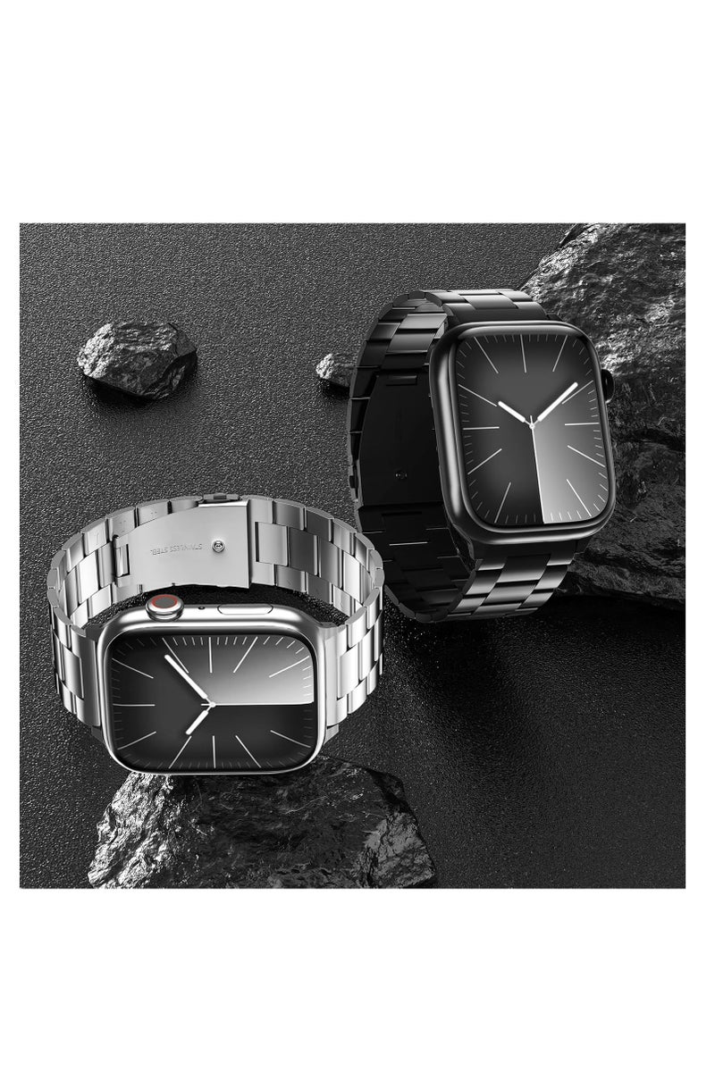 2pcs Stainless Steel Metal Strap Compatible with Apple Watch Band 46mm Series 10 Black and Silver - Image 2