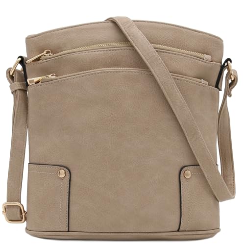 ALYSSA Triple Zip Pocket Large Crossbody Bag (Sand) - Image 1