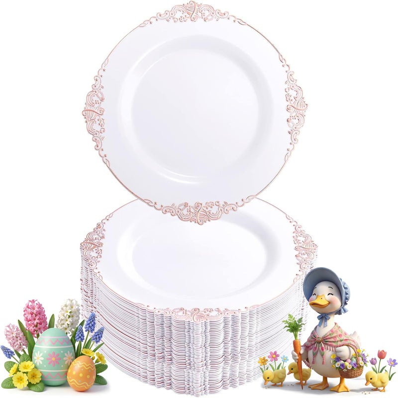 Morejoy 100pcs Plastic Plates - Disposable - 7.5 inch White and Rose Gold Dessert Plates for Weddings & Parties & Shower - Image 1