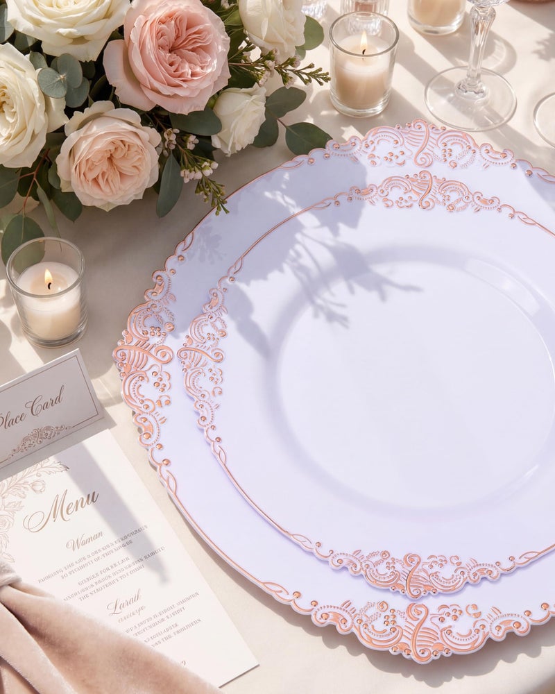 Morejoy 100pcs Plastic Plates - Disposable - 7.5 inch White and Rose Gold Dessert Plates for Weddings & Parties & Shower - Image 3