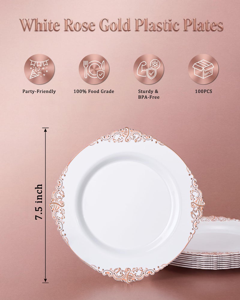 Morejoy 100pcs Plastic Plates - Disposable - 7.5 inch White and Rose Gold Dessert Plates for Weddings & Parties & Shower - Image 5