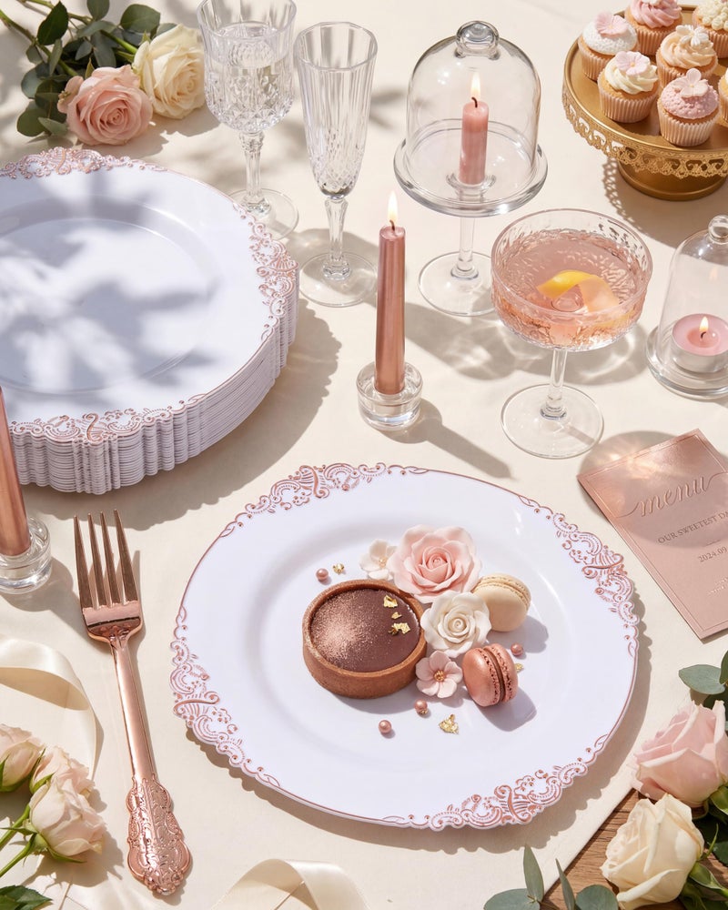 Morejoy 100pcs Plastic Plates - Disposable - 7.5 inch White and Rose Gold Dessert Plates for Weddings & Parties & Shower - Image 2