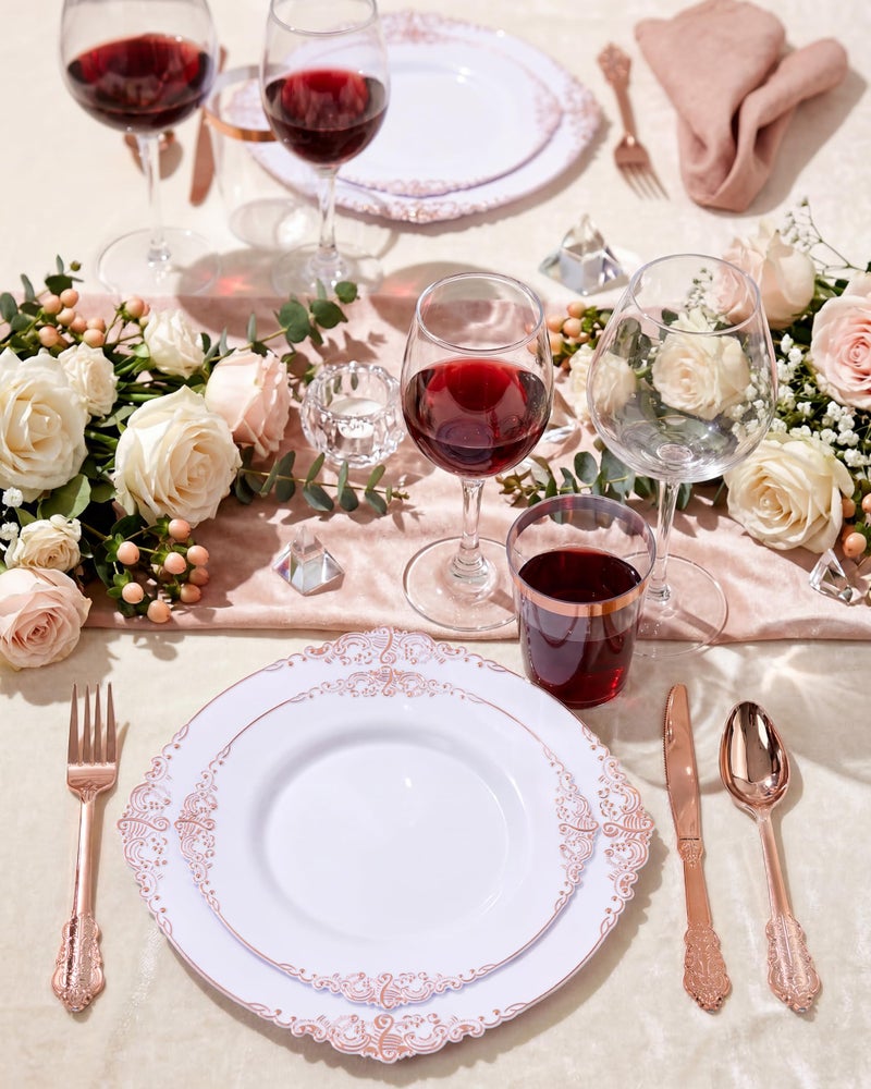 Morejoy 100pcs Plastic Plates - Disposable - 7.5 inch White and Rose Gold Dessert Plates for Weddings & Parties & Shower - Image 4