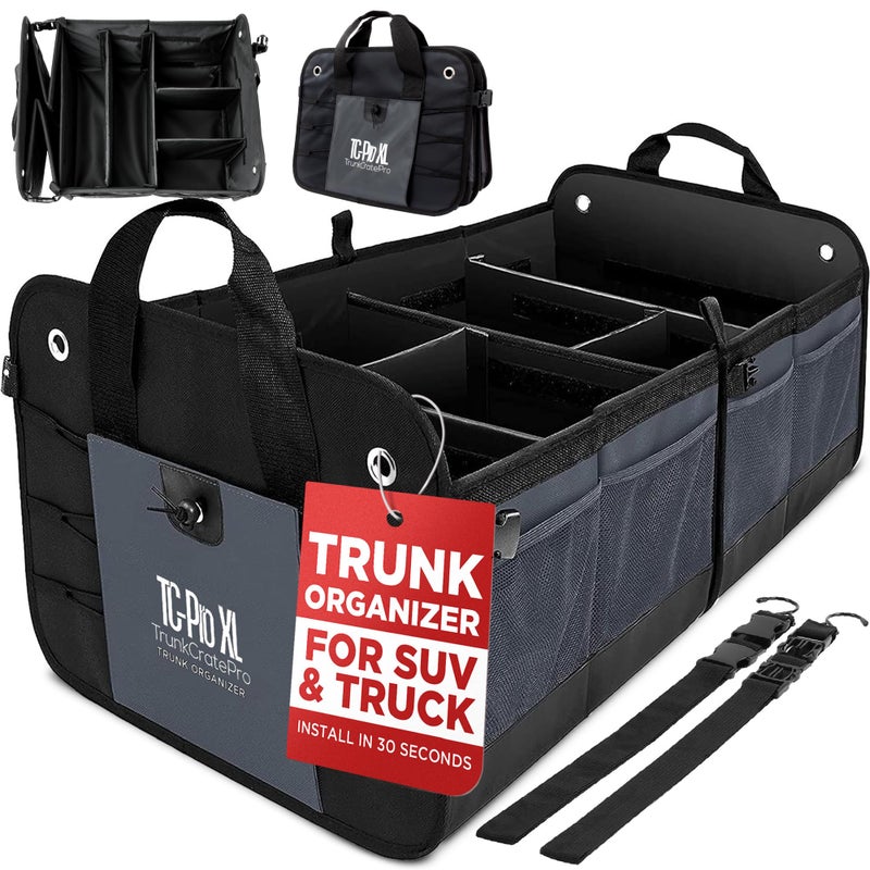 TRUNKCRATEPRO  XL Trunk Organizer For SUV Car Truck with 6 Compartments Adjustable Collapsible Portable NonSkid Premium Cargo Storage Truck Organizer W Straps Heavy Loads Extra Large Gray