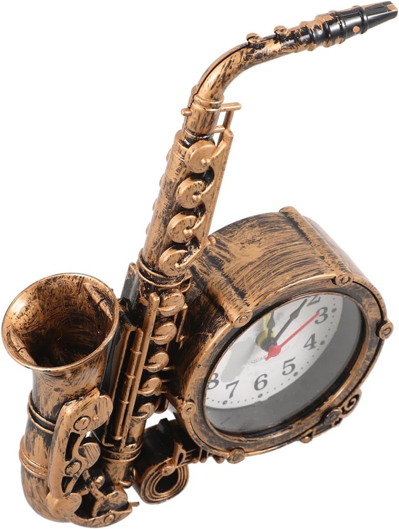 ABOOFAN Saxophone Shaped Alarm Clock Vintage Metal Round Silent Desktop Table Clock Home Décor for Bedroom Office with Retro Style - Image 1