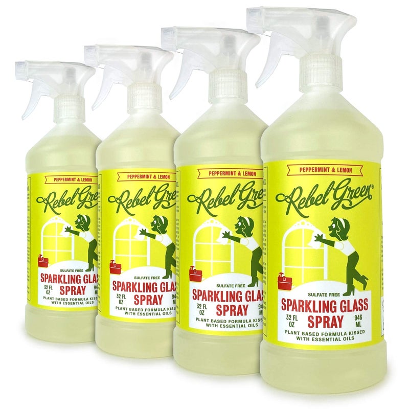 Rebel Green Sparkling Glass Cleaner - Streak Free Glass Cleaner Spray - Natural Glass & Surface Spray for Windows, Mirrors, & More - Scented with Peppermint & Lemon - (32 Ounce Bottles, 4 Pack) - Image 1