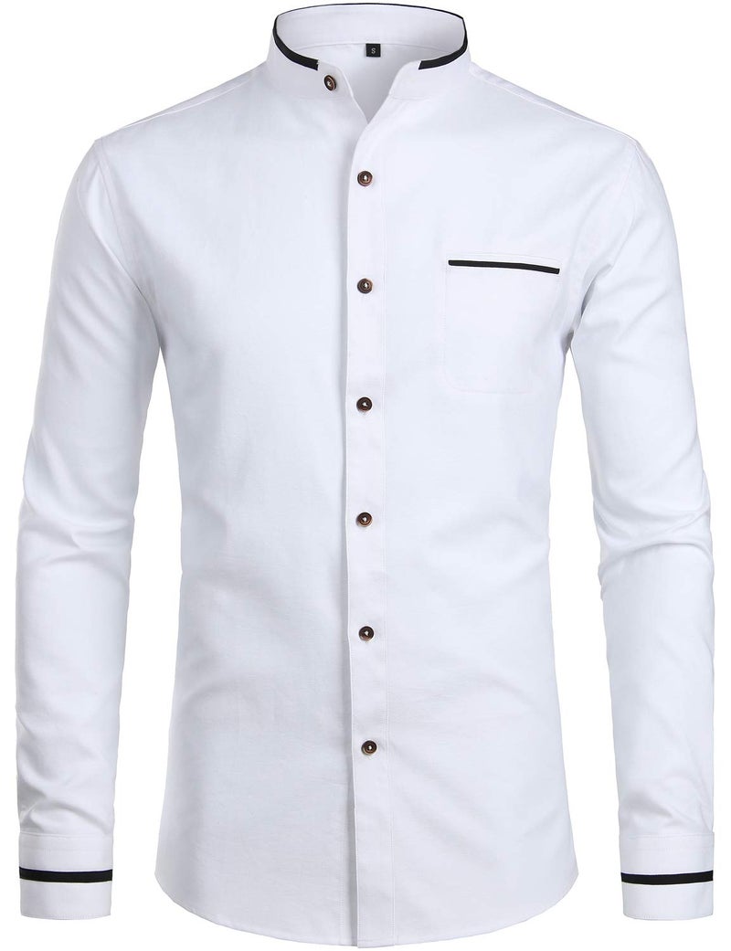 ZEROYAA Mens Hipster Mandarin Collar Slim Fit Long Sleeve Casual Button Down Oxford Dress Shirt with Pocket Z113 White XXLarge