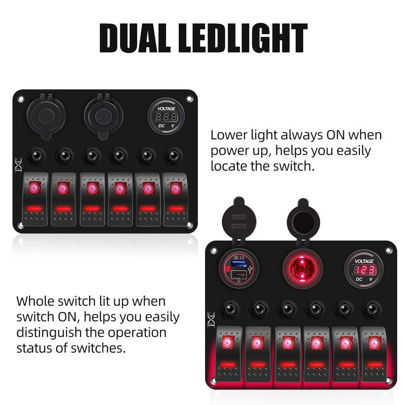 FXC Waterproof Marine Boat Rocker Switch Panel 6 Gang with QC3.0 USB & Type-C Slot Socket + Cigarette Lighter +LED Voltmeter with Overload Protection for Car Rv Vehicles Truck (6 Gang Red LED) - Image 3