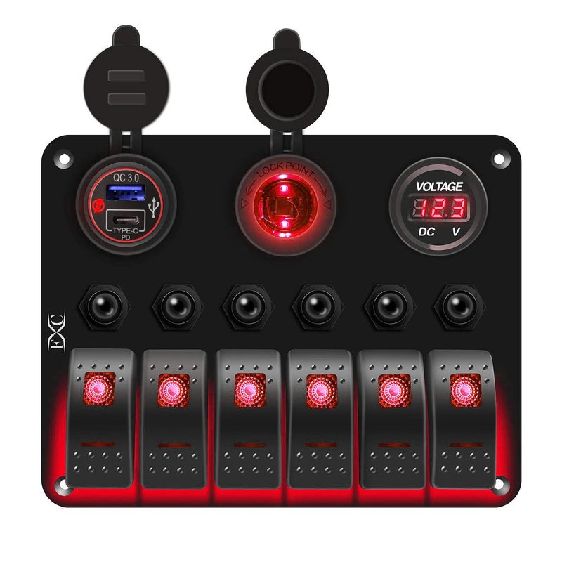 FXC Waterproof Marine Boat Rocker Switch Panel 6 Gang with QC3.0 USB & Type-C Slot Socket + Cigarette Lighter +LED Voltmeter with Overload Protection for Car Rv Vehicles Truck (6 Gang Red LED) - Image 1