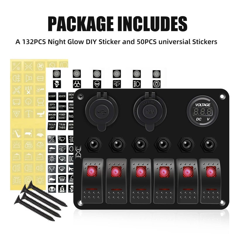 FXC Waterproof Marine Boat Rocker Switch Panel 6 Gang with QC3.0 USB & Type-C Slot Socket + Cigarette Lighter +LED Voltmeter with Overload Protection for Car Rv Vehicles Truck (6 Gang Red LED) - Image 4