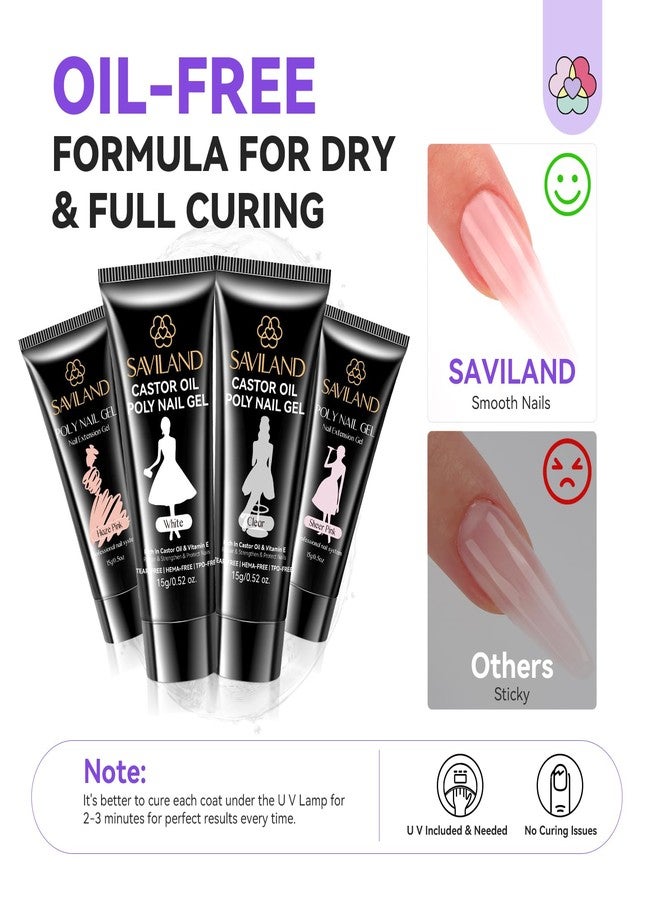 SAVILAND Poly Gel Nail Kit Starter: 4 Colors Natural Clear Poly Nail Gel with U V Lamp Slip Solution Quick Dry Nourish Nails 28 Days Durable DIY Salon Home Use - Image 4